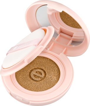 essence silky CUSHION podkład w poduszeczce 178, otwarty różowy kompakt z lusterkiem, połyskujący brąz i gąbeczka.
