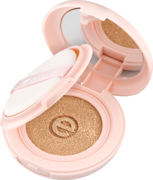 Otwarty podkład essence silky CUSHION 155 w różowym kompakcie z lusterkiem. Beżowy kremowy podkład z logo 'e' i gąbeczka.