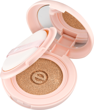 essence silky CUSHION 168, średni beżowy podkład w otwartym różowym kompakcie z lusterkiem i gąbeczką.