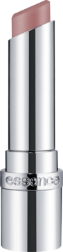 Nawilżający balsam essence hydra kiss 03 Cocoa Kiss nude, w lśniącym srebrnym sztyfcie, z logo.