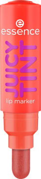 Essence JUICY TINT 2 Strawberry Szn lip marker. Czerwony, wegański, z grubszą końcówką, pionowy widok z przodu.