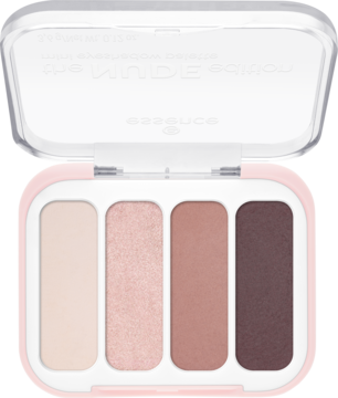 Eyeshadow palette Essence, otwarte różowe etui, cztery cienie: matowy beż, perłowy róż, matowy taupe, ciemny brąz.