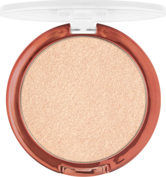 Rozświetlacz essence caramelted 01 Sweet 'n Bouncy, świetlisty złoty puder w miedzianym kompakcie, otwarta pokrywka.