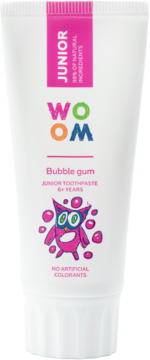 Biała tubka pasty WOOM JUNIOR Bubble Gum dla dzieci 6+, z różową etykietą i rysunkiem potworka.