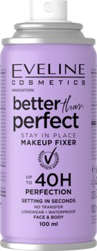 Fioletowy spray utrwalający Eveline Cosmetics Better Than Perfect Makeup Fixer 40H, widok z przodu, 100 ml.