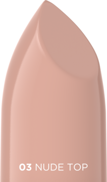 Zbliżenie na kremową pomadkę Celebrity Nudes 03 Nude Top w jasnym odcieniu beżowego matu.