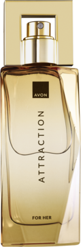 Złota butelka perfum Avon Attraction For Her z kwadratową nakrętką, pionowy napis na przodzie, widok z przodu.