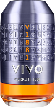 Cerruti 1881 VIVO Woda Perfumowana męska. Stalowoniebieski flakon z pomarańczową podstawą i widocznym kodem V1881.