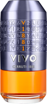 Cerruti 1881 VIVO męska woda perfumowana. Metalowy flakon, pomarańczowy płyn, widoczny kod V1881.