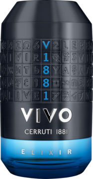 Cerruti 1881 VIVO ELIXIR, męskie perfumy, cylindryczny flakon, gradient antracytu i błękitu, z kodem, widok z przodu.