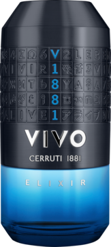 Cerruti 1881 VIVO ELIXIR perfumy męskie, gradientowa butelka, ciemna góra z symbolami, niebieski dół, widoczne VIVO i V1881.