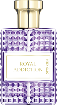 Otto Kern Royal Addiction, fioletowy flakon perfum z fasetowaną teksturą, złotą zakrętką i białą etykietą, widok z przodu.
