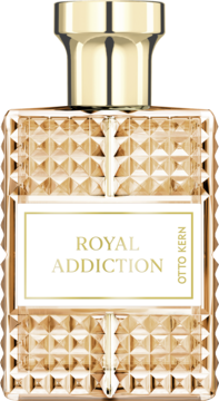 Złoty, fasetowany flakon perfum Royal Addiction Otto Kern z białą etykietą, widok frontalny.