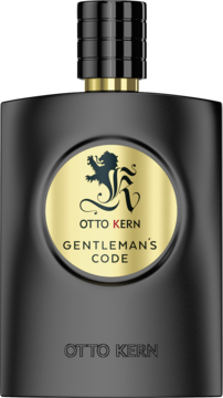 Czarna, elegancka butelka wody toaletowej Otto Kern Gentleman's Code ze złotą okrągłą etykietą i herbem.