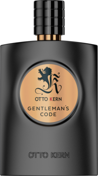 Czarna butelka Otto Kern Gentleman's Code EDT z miedzianą etykietą i lwem, widok z przodu, męski zapach.