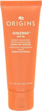 Pomarańczowa tubka Origins GinZing Energy-Boosting Tinted Moisturizer SPF 40, widok z przodu.