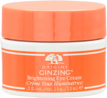 Origins GinZing Brightening Eye Cream w okrągłym, pomarańczowo-białym słoiczku 15ml, widok z przodu.