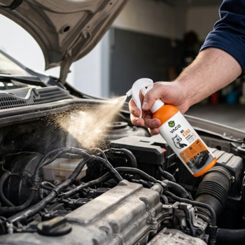 Ręka spryskuje silnik samochodu pomarańczowo-białym sprayem VOYAGE ENGINE CLEANER, zbliżenie.