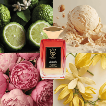 Butelka Bujairami Blush EDP w centrum, wokół bergamotki, piwonie, ylang-ylang i waniliowe lody z orzechami.