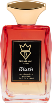 Bujairami Blush, świeża woda perfumowana 100ml, geometryczna butelka z gradientem czerwieni, złota zakrętka.