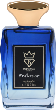 Woda perfumowana Bujairami Enforcer unisex, butelka w odcieniach niebieskiego ze złotą nakrętką i czarną etykietą, widok z przodu.