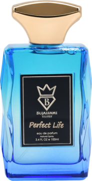 Bujairami Perfect Life unisex woda perfumowana, niebieska butelka z falistego szkła, złoty korek. Cytrusowy zapach.