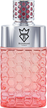 Bujairami Sugar Rush, damska woda perfumowana w różowym flakonie z miodowym wzorem, srebrny korek z logo.