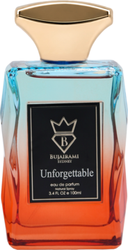 Bujairami Unforgettable woda perfumowana 100ml. Butelka gradientowa: pomarańczowo-niebieska, ze złotą nakrętką.