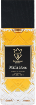 Bujairami Mafia Boss męskie perfumy, butelka z fasetowanego szkła, bursztynowy płyn, czarna etykieta, widok z przodu.