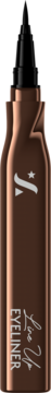 Precyzyjny eyeliner w miedzianej, metalicznej butelce z czarnym aplikatorem. Widoczny napis 'EYELINER'.