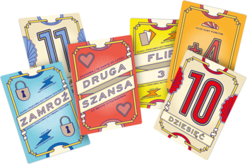 Kolorowe karty do gry Flip 7, w tym: niebieskie 11, Zamroż; czerwone Druga Szansa, 10; żółte Flip 3, A.