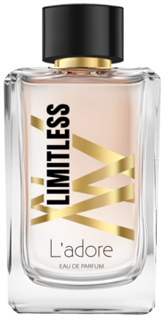 Perfumy L'adore Limitless Eau de Parfum, przezroczysta butelka z różowym płynem, czarno-złoty napis YM.