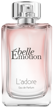 Perfumy Ébelle Emotion L'adore Eau de Parfum w przezroczystej butelce z różowym płynem, widok z przodu.