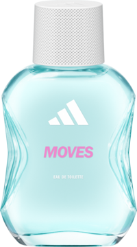 Adidas Moves woda toaletowa damska. Jasnoniebieska butelka z białym logo, napisem MOVES, świeży cytrusowy zapach, widok z przodu.