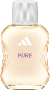 Woda toaletowa Adidas Pure, butelka o falistym kształcie, bursztynowy płyn, biała teksturowana zakrętka, logo.