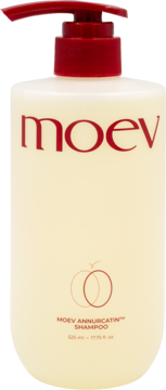Biały szampon Moev Annurcatin™ wzmacniający włosy, 525ml, widok z przodu, z czerwoną pompką.
