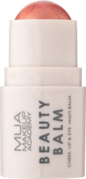 Biały sztyft MUA Beauty Balm Cheek, Lip & Eye Multi Balm z różowo-brzoskwiniowym wykończeniem u góry.