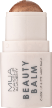 Złoto-brązowy MUA Beauty Balm Cheek, Lip & Eye Multi Balm w białym sztyfcie, widok z przodu.