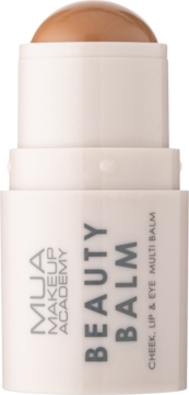 MUA Beauty Balm multi-stick, wysunięty brązowy sztyft w białym opakowaniu, zbliżenie z przodu.