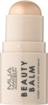 MUA Makeup Academy Beauty Balm, rozświetlający sztyft do policzków, ust i oczu. Kremowy, perłowo-złoty, w jasnym opakowaniu. Widok z przodu.