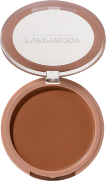 Otwarty, okrągły bronzer w kompakcie Everbody, matowy, średni brąz. Beżowe opakowanie, widok z góry.