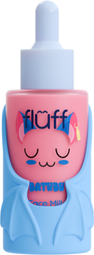 Flüff Face Milk Saturn, różowa butelka z niebieskim zakraplaczem i osłoną nietoperza, widok z przodu.