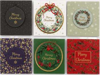 Zestaw 6 kwadratowych świątecznych bilecików samoprzylepnych 5x5 cm z motywami wieńców i napisem Merry Christmas.