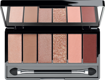 Otwarta Iconic Eyeshadow Palette 1: 6 matowych i metalicznych cieni w odcieniach nude, brązu, różu, z aplikatorem i lustrem.