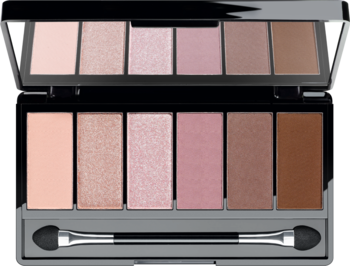 Paleta cieni Iconic Eyeshadow Palette 2, 6 odcieni nude/róż/brąz, w tym matowe i błyszczące. Widok z góry, z aplikatorem.
