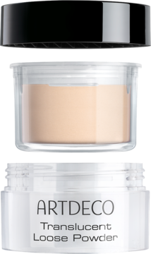 ARTDECO Translucent Loose Powder 2: otwarty słoik, beżowy puder sypki w środku, czarna nakrętka u góry.