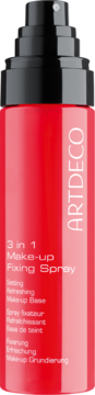 ARTDECO 3 in 1 Make-up Fixing Spray w czerwonej butelce z czarnym rozpylaczem, widok z przodu.