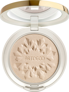 ARTDECO Glow Highlighting Powder w otwartym, perłowym kompakcie. Jasny, rozświetlający puder z geometrycznym wzorem i logo.