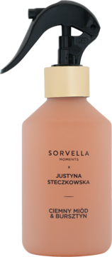 Sorvella Moments x Justyna Steczkowska spray Ciemny Miód & Bursztyn w brzoskwiniowej butelce, czarna pompka.