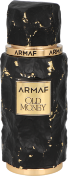 Męska woda perfumowana Armaf Old Money w czarnej, teksturowanej butelce ze złotymi zdobieniami, widok z przodu.